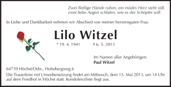 Traueranzeige von Lilo Witzel von Odenwälder Echo