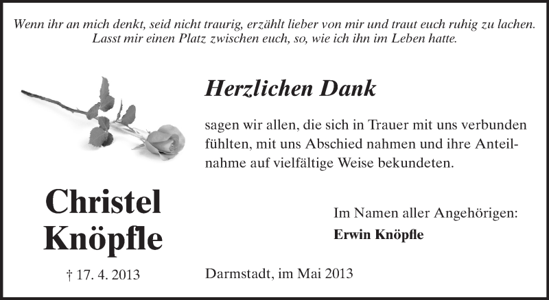  Traueranzeige für Christel Knöpfle vom 18.05.2013 aus Echo-Zeitungen (Gesamtausgabe)