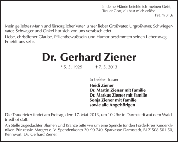 Traueranzeige von Gerhard Ziener von Echo-Zeitungen (Gesamtausgabe)