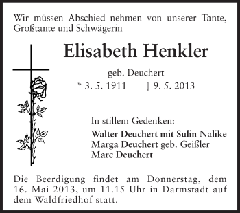 Traueranzeige von Elisabeth Henkler von Darmstädter Echo, Odenwälder Echo, Rüsselsheimer Echo, Groß-Gerauer-Echo, Ried Echo