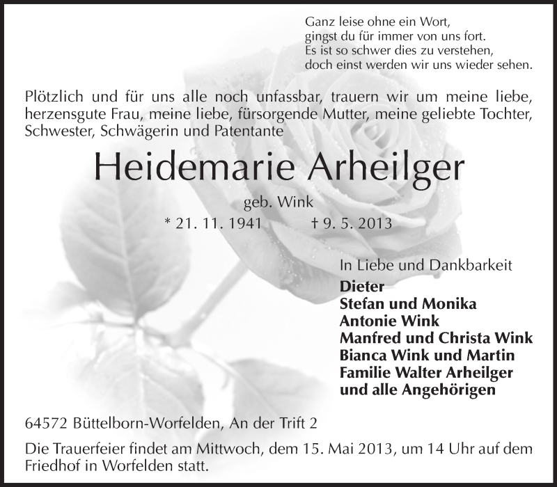  Traueranzeige für Heidemarie Arheilger vom 13.05.2013 aus Rüsselsheimer Echo, Groß-Gerauer-Echo, Ried Echo