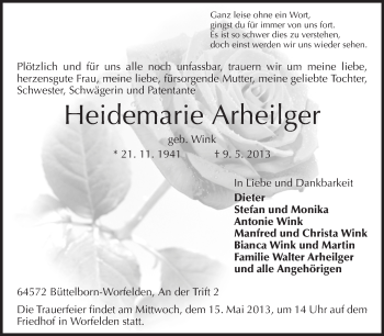 Traueranzeige von Heidemarie Arheilger von Rüsselsheimer Echo, Groß-Gerauer-Echo, Ried Echo
