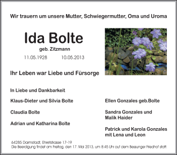 Traueranzeige von Ida Bolte von Echo-Zeitungen (Gesamtausgabe)