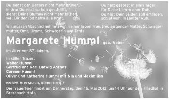 Traueranzeige von Margarete Humml von Odenwälder Echo
