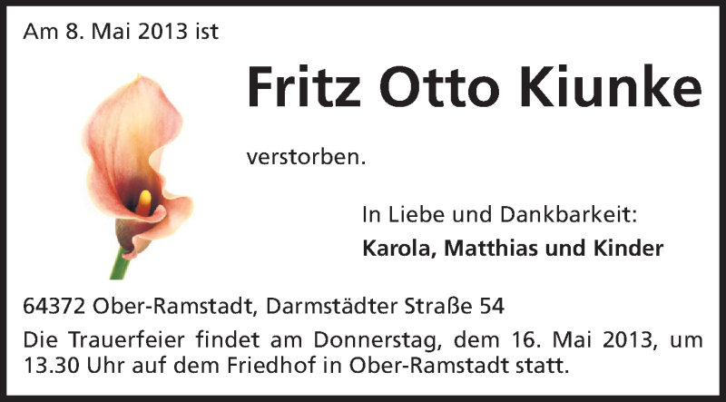  Traueranzeige für Fritz Otto Kiunke vom 14.05.2013 aus Echo-Zeitungen (Gesamtausgabe)