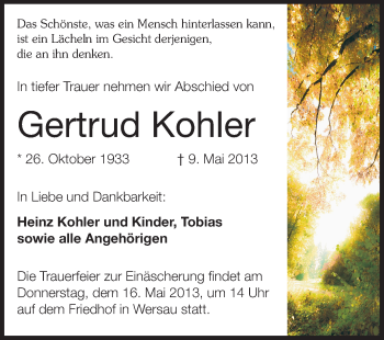 Traueranzeige von Gertrud Kohler von Echo-Zeitungen (Gesamtausgabe)