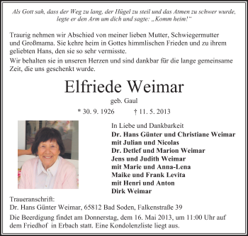 Traueranzeige von Elfriede Weimar von Odenwälder Echo