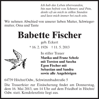 Traueranzeige von Babette Fischer von Odenwälder Echo