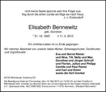 Traueranzeige von Elisabeth Brennewitz von Odenwälder Echo