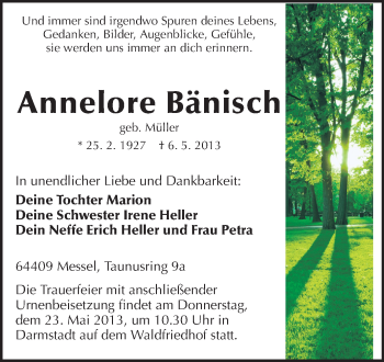 Traueranzeige von Hannnelore Bänisch von Echo-Zeitungen (Gesamtausgabe)