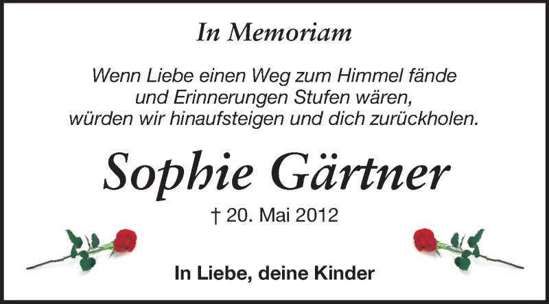  Traueranzeige für Sophie Gärtner vom 18.05.2013 aus Echo-Zeitungen (Gesamtausgabe)