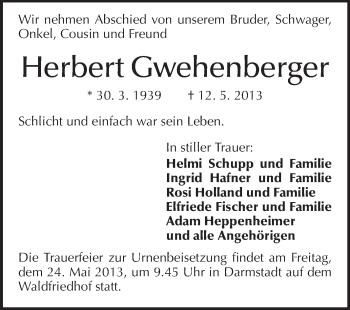Traueranzeige von Herbert Gwehenberger von Echo-Zeitungen (Gesamtausgabe)