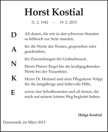 Traueranzeige von Horst Kostial von Echo-Zeitungen (Gesamtausgabe)
