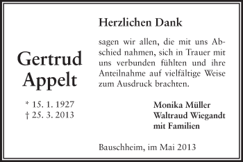 Traueranzeige von Gertrud Appelt von Rüsselsheimer Echo, Groß-Gerauer-Echo, Ried Echo