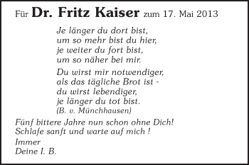 Traueranzeige von Fritz Kaiser von Echo-Zeitungen (Gesamtausgabe)