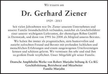Traueranzeige von Gerhard Ziener von Echo-Zeitungen (Gesamtausgabe)