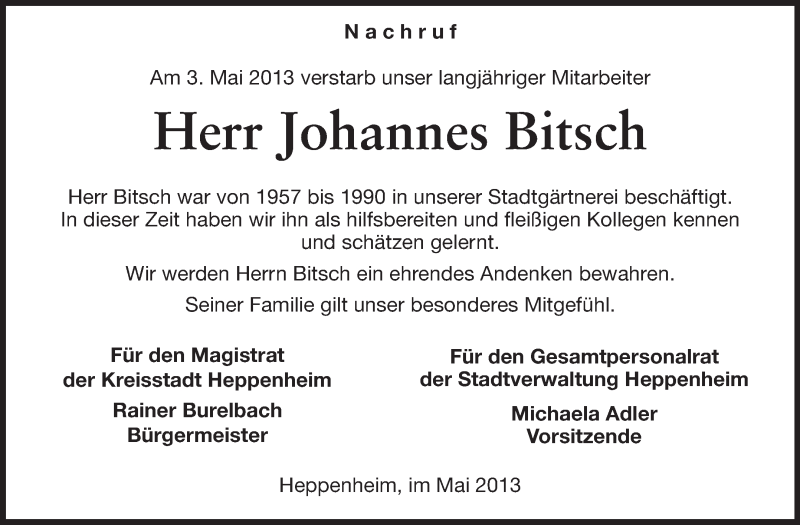  Traueranzeige für Johannes Bitsch vom 15.05.2013 aus Starkenburger Echo