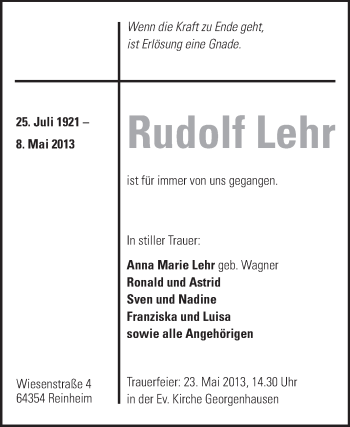 Traueranzeige von Rudolf Lehr von Echo-Zeitungen (Gesamtausgabe)