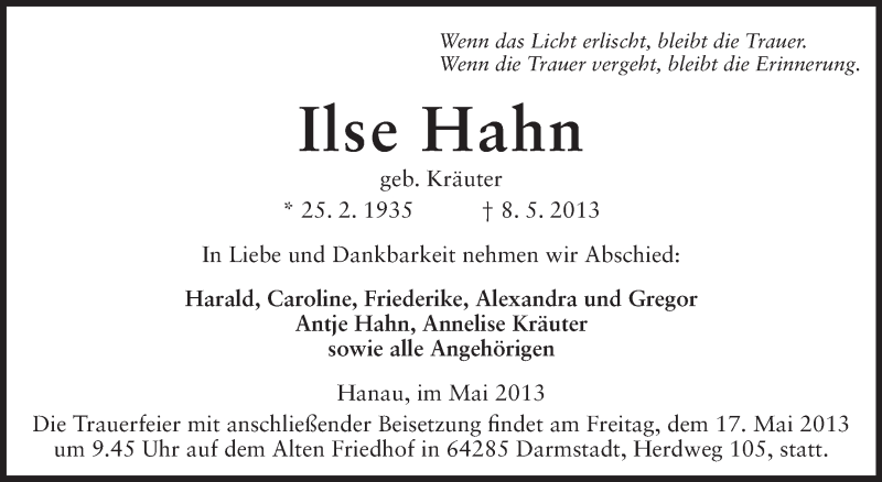  Traueranzeige für Ilse Hahn vom 15.05.2013 aus Echo-Zeitungen (Gesamtausgabe)