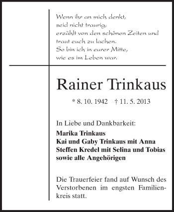 Traueranzeige von Rainer Trinkaus von Echo-Zeitungen (Gesamtausgabe)