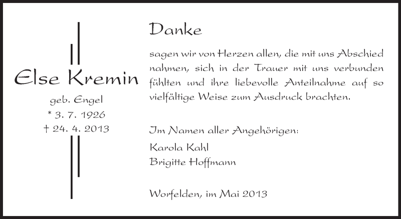  Traueranzeige für Else Kremin vom 16.05.2013 aus Rüsselsheimer Echo, Groß-Gerauer-Echo, Ried Echo