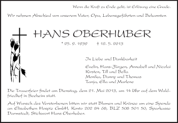 Traueranzeige von Hans Oberhuber von Echo-Zeitungen (Gesamtausgabe)