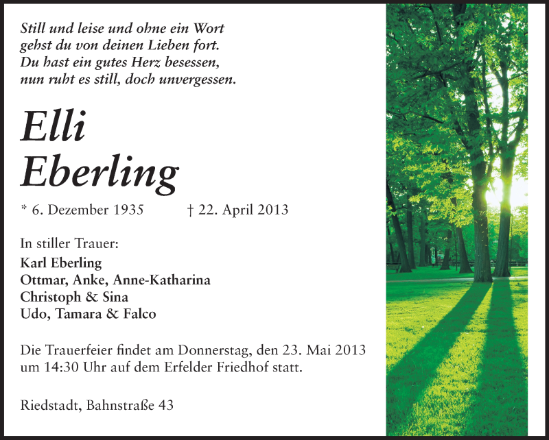  Traueranzeige für Elli Eberling vom 18.05.2013 aus Rüsselsheimer Echo, Groß-Gerauer-Echo, Ried Echo