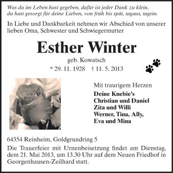 Traueranzeige von Esther Winter von Echo-Zeitungen (Gesamtausgabe)