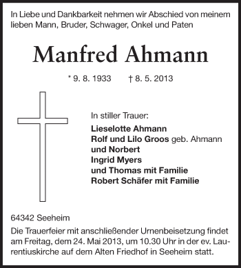 Traueranzeige von Manfred Ahmann von Echo-Zeitungen (Gesamtausgabe)