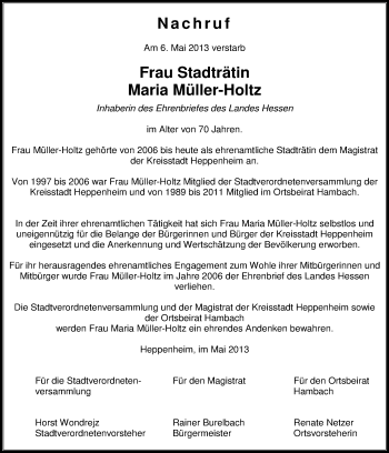 Traueranzeige von Maria Müller-Holtz von Starkenburger Echo