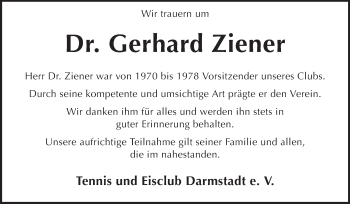 Traueranzeige von Gerhard Ziener von Echo-Zeitungen (Gesamtausgabe)
