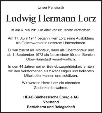 Traueranzeige von Ludwig Hermann Lorz von Echo-Zeitungen (Gesamtausgabe)