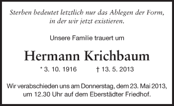 Traueranzeige von Hermann Krichbaum von Echo-Zeitungen (Gesamtausgabe)