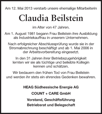 Traueranzeige von Claudia Beilstein von Echo-Zeitungen (Gesamtausgabe)