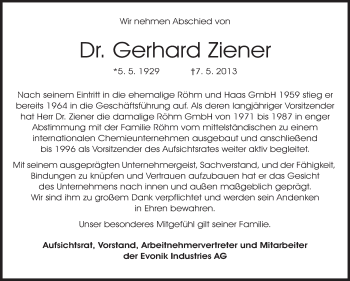 Traueranzeige von Gerhard Ziener von Echo-Zeitungen (Gesamtausgabe)