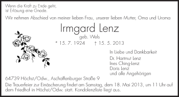 Traueranzeige von Irmgard Lenz von Echo-Zeitungen (Gesamtausgabe)