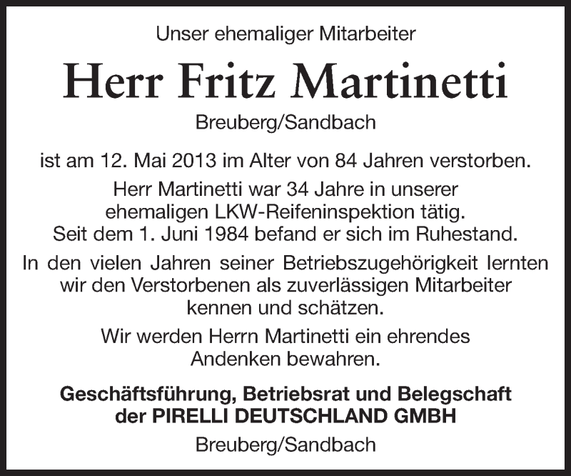  Traueranzeige für Fritz Martinetti vom 17.05.2013 aus Odenwälder Echo