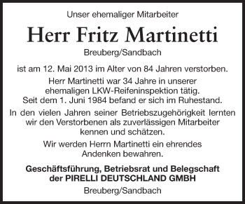 Traueranzeige von Fritz Martinetti von Odenwälder Echo