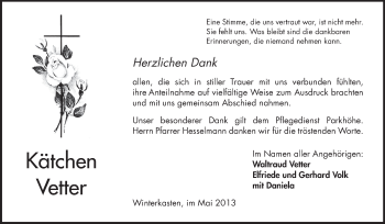 Traueranzeige von Kätchen Vetter von Odenwälder Echo