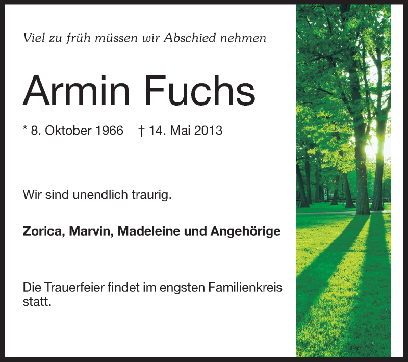  Traueranzeige für Armin Fuchs vom 18.05.2013 aus Rüsselsheimer Echo, Groß-Gerauer-Echo, Ried Echo