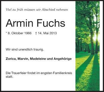 Traueranzeige von Armin Fuchs von Rüsselsheimer Echo, Groß-Gerauer-Echo, Ried Echo