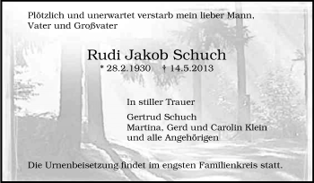 Traueranzeige von Rudi Jakob Schuch von Rüsselsheimer Echo, Groß-Gerauer-Echo, Ried Echo