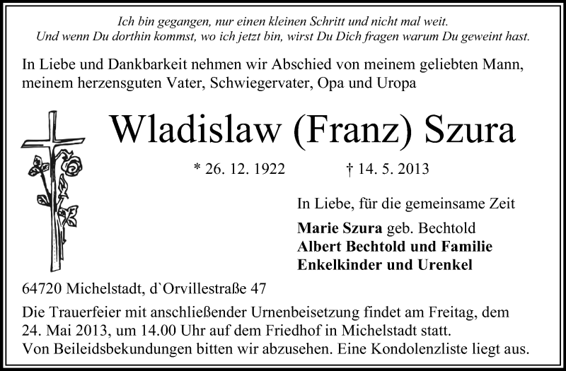  Traueranzeige für Wladislaw Szura vom 18.05.2013 aus Odenwälder Echo