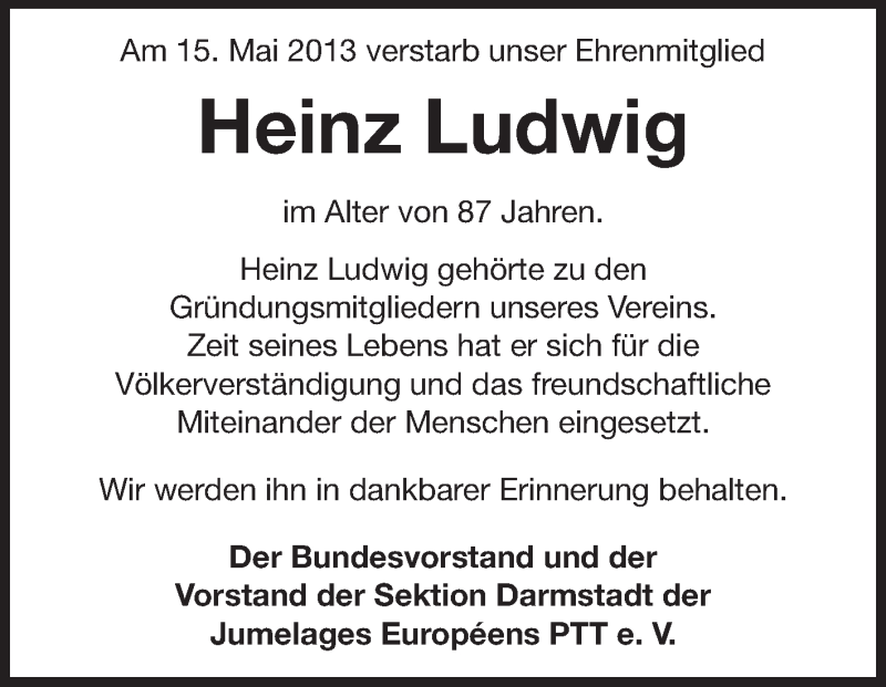  Traueranzeige für Heinz Ludwig vom 18.05.2013 aus Echo-Zeitungen (Gesamtausgabe)