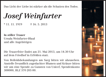Traueranzeige von Josef Weinfurter von Echo-Zeitungen (Gesamtausgabe)