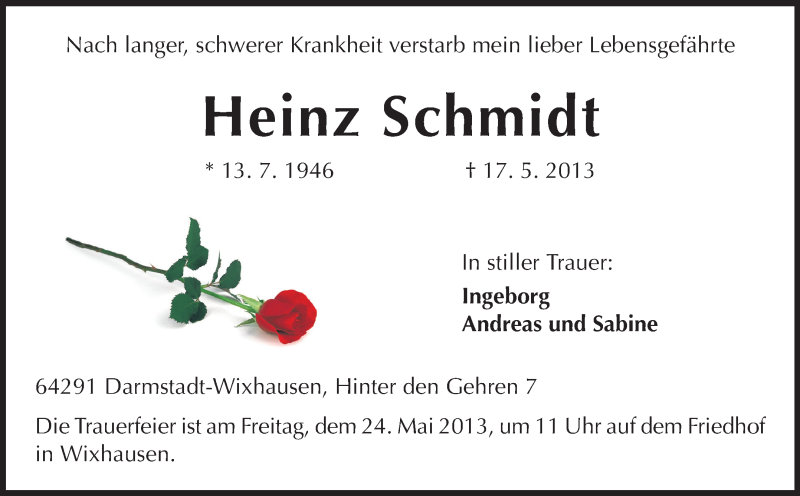  Traueranzeige für Heinz Schmidt vom 18.05.2013 aus Echo-Zeitungen (Gesamtausgabe)