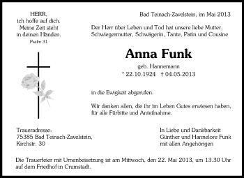 Traueranzeige von Anna Funk von Rüsselsheimer Echo, Groß-Gerauer-Echo, Ried Echo