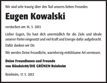 Traueranzeige von Eugen Kowalski von Echo-Zeitungen (Gesamtausgabe)