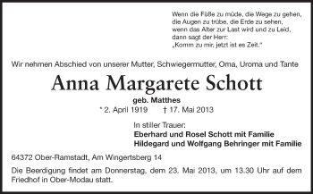 Traueranzeige von Anna Margarete Schott von Echo-Zeitungen (Gesamtausgabe)