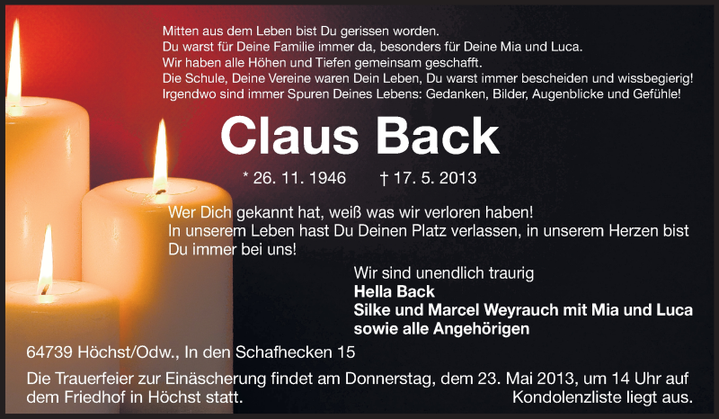  Traueranzeige für Claus Back vom 21.05.2013 aus Odenwälder Echo